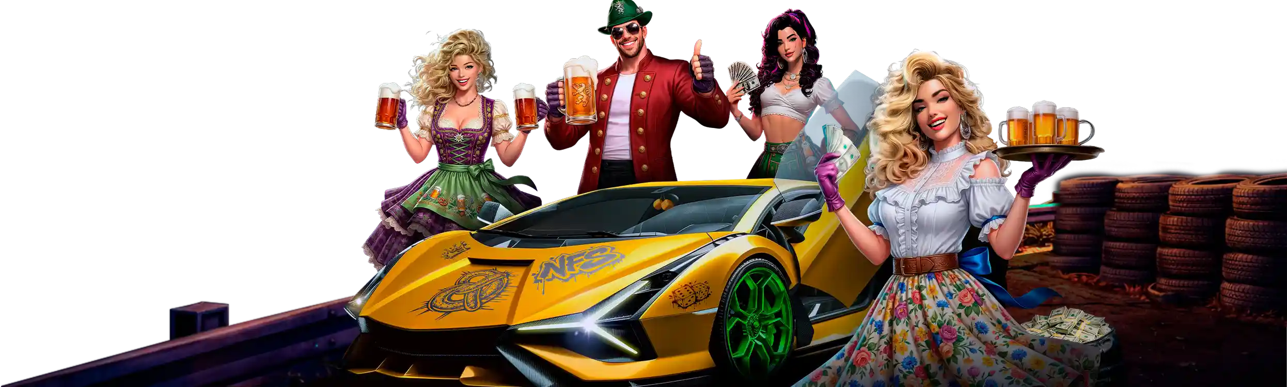Casinopersonages van Need for Slots bij een gele sportwagen